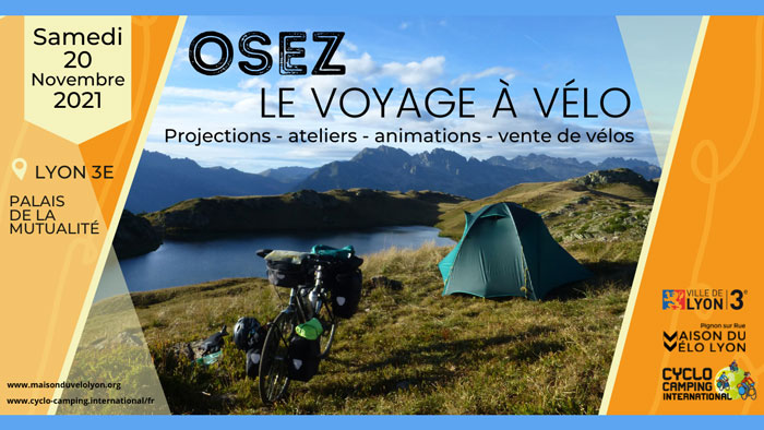 bivouac à vélo au bord d'un lac de montagne - affiche du festival